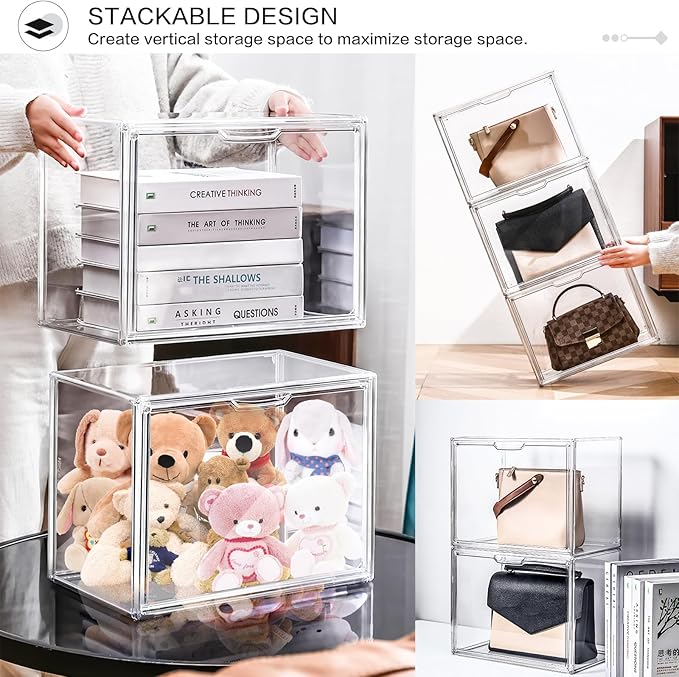 DILIBRA 4 Packs Clear Plastic Handbag Storage Organizer for Closet, Acrylic Display Box for Handbag, Stackable Storage Boxes Bag Organizer with Magnetic Door for Purse Clutch Wallet Book Toys