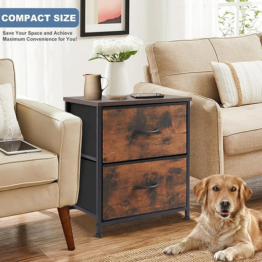DUMOS Nightstand Small Dresser with 2 Fabric Drawers Side Bedroom End Table Kids Bedside Storage Furniture for 20 inch Tall Night Stand for Closet, Entryway, College Dorm, Rustic Brown