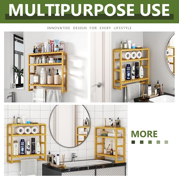 Galood Over The Toilet Storage Bathroom Shelves Wall Mounted 3 Tier Space Saver Corner Shelf Organizer Bamboo Towel Rack Toilet Paper Cabinet with Hanging Rod Yellow
