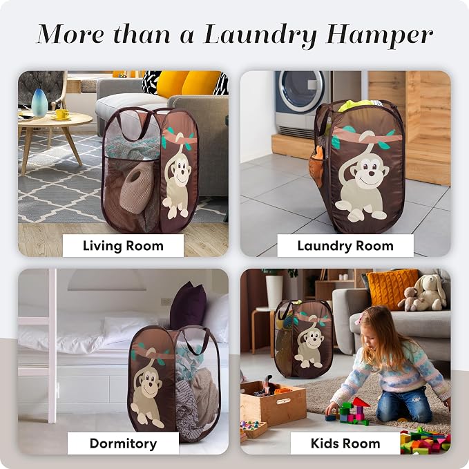 Handy Laundry Collapsible Mesh Pop Up Laundry Hamper with Side Pocket – Breathable, Space-Saving, Foldable Basket for Clothes, Toys, Travel & Storage, 14 x 13 x 24 in, Monkey