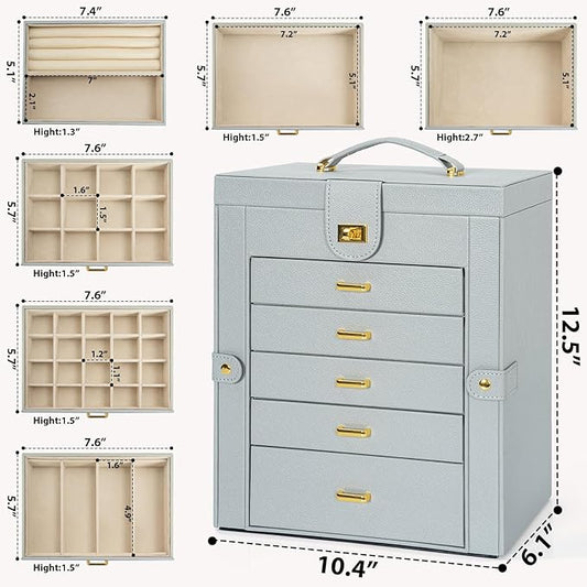 AKOZLIN 6-Tier Jewelry Box Organizer Functional 5 Drawers Leather Jewelry Storage Case for Women Girls Ring Necklace Earring Bracelet Holder Organizer with Mirror Grey Large