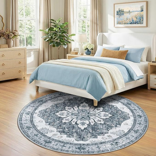 RELEANY Area Rugs Round 7ft Washable Non-Slip, Floral Vintage Distress Medallion Carpet for Living Room Bedroom Dining Room, Light Gray Grey White