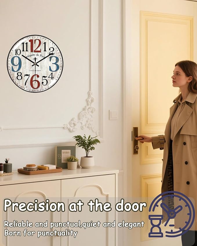 Decorative Wall Clocks Batterys Operated, Retro Wall Clock with Glass Dial, 12-Inch Dial with Roman Numerals, Silent and No Ticking, Suitable for Living Room, Bedroom, Dining Area, Workspace