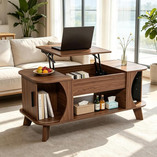 Lift Top Coffee Table with Storage, Wood Tabletop Center Table with Large Storage Shelf, Mid Century Modern Coffee Table for Living Room