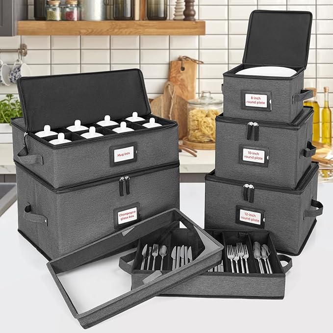 ANILD China Storage Containers 6-Piece Set, Hard Shell Box Moving Dishes, Plates, Wine and Glasses, Dinnerware, Mugs, Saucers, Ideal for Kitchen Organization