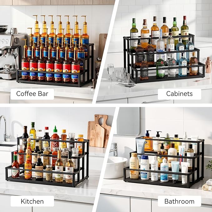 Nuovoware Expandable Coffee Syrup Organizer, 3-Tier Syrup Rack Holds 15-24 Bottles, Adjustable Width Carbon Steel Coffee Bar Organizer for Countertop Kitchen Bar, Liquor Dressing Seasoning, Black