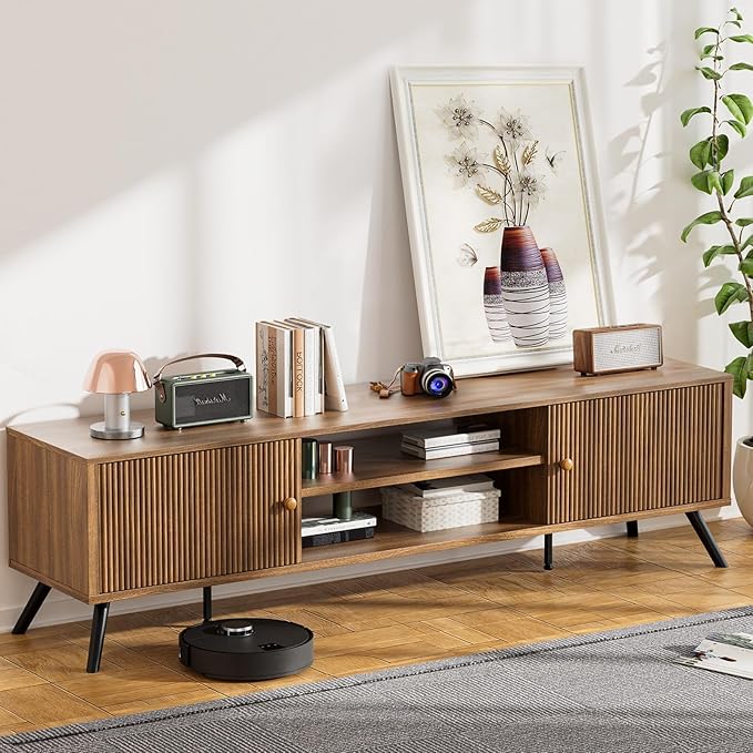 COMHOMA TV Stand for Living Room, Mid Century Modern Entertainment Center for 65/70/75 Inch TVs, Retro Brown TV Console with Fluted Door Cabinets and Open Adjustable Shelve Storage for Bedroom