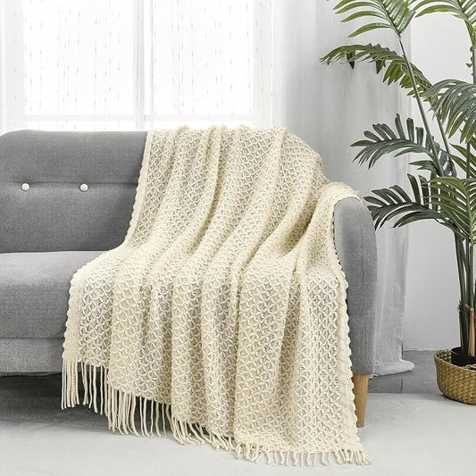 CREVENT Farmhouse Boho Knitted Throw Blanket for Couch Sofa Chair Bed Home Decoration, Soft Warm Cozy Light Weight for Spring Summer Fall (60''X80'' Beige)