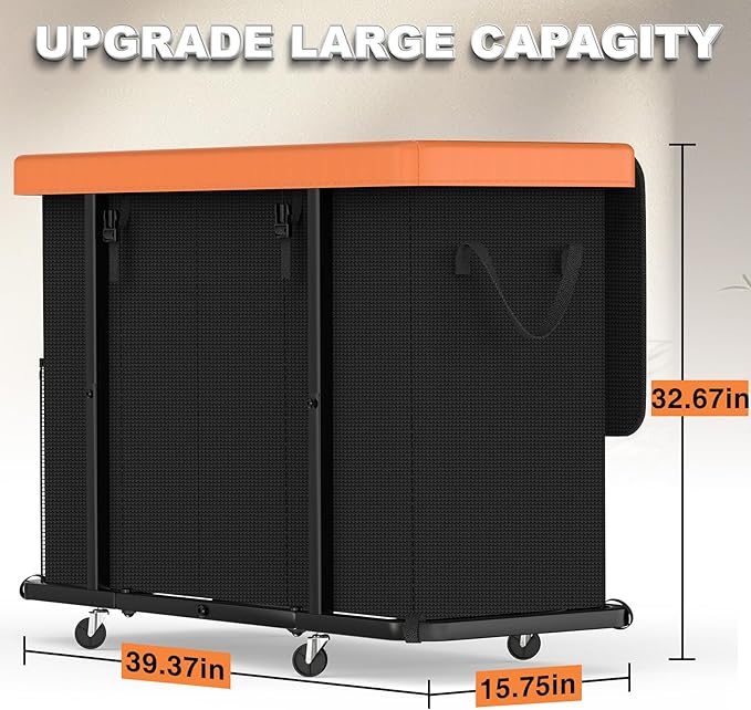 300L Large Fashion Laundry Basket with Wheels, Leather Patchwork Rolling Hamper Carts, Sturdy Metal Frame, Removable Washable Bag, Tall Clothes Sorter for Bedroom (Black, 4 Section-300L)