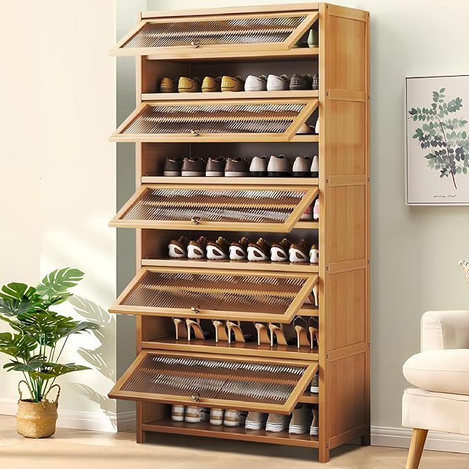 Tall Shoe Cabinet, 10 Tier Bamboo Shoe Rack with Doors, 40-45 Pairs Large Capacity Shoe Storage Cabinet Organizer, Narrow Shoe Shelf for Entryway, Hallway, Living Room
