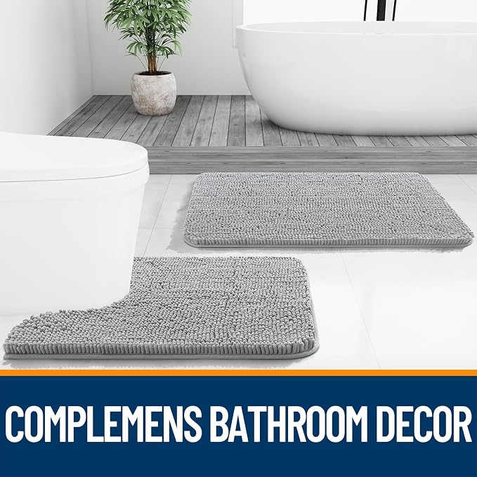 OLANLY Large Bathroom Rugs 59x35, Extra Soft Absorbent Chenille Bath Rugs, Rubber Backing Quick Dry, Machine Washable Bath Mats for Bathroom Floor, Tub and Shower, Home Decor Accessories, Light Grey