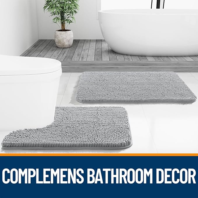 OLANLY Bathroom Rugs 34x21, Extra Soft Absorbent Chenille Bath Rugs, Rubber Backing Quick Dry, Machine Washable Bath Mats for Bathroom Floor, Tub and Shower, Home Decor Accessories, Light Grey