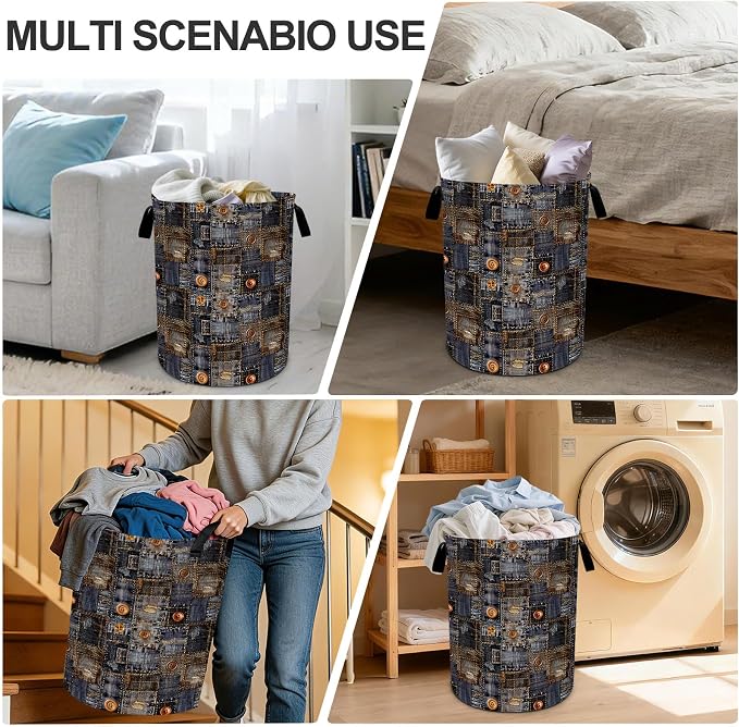 Denim Pattern Laundry Basket Waterproof Laundry Hamper Foldable Laundry Bag with Handles for Bedroom, Bathroom, Office, Clothes Storage