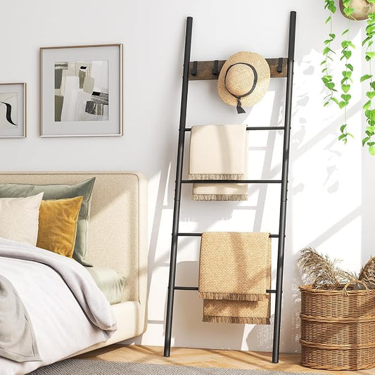 Tangkula Blanket Ladder, 5-Tier Ladder Shelf with 5 Removable Hooks, Wall-Leaning Decorative Blanket Holder with Metal Frame, Industrial Towel Display Rack for Living Room, Bathroom