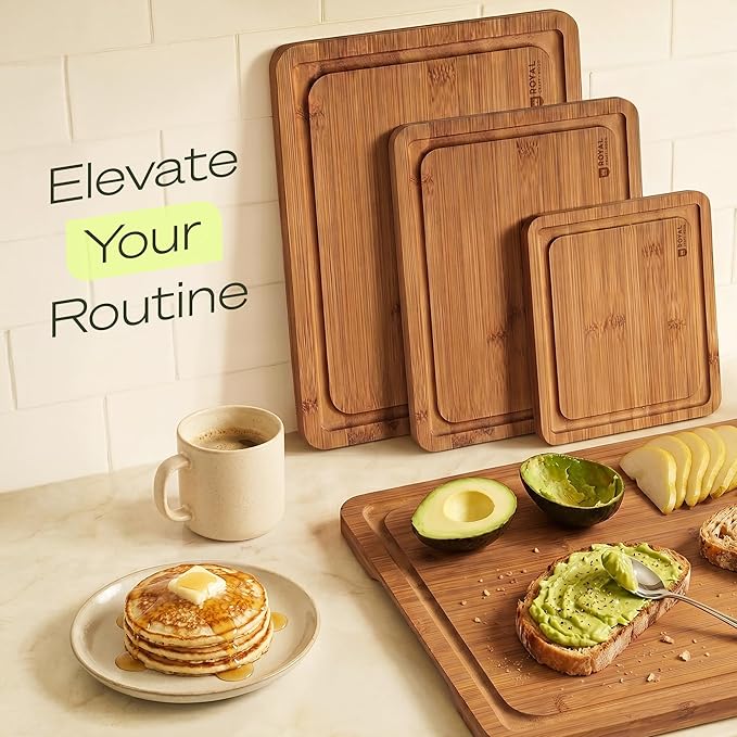 ROYAL CRAFT WOOD Wooden Cutting Boards for Kitchen Meal Prep & Serving - Bamboo Non Toxic Cutting Board Set with Deep Juice Groove Side Handles - Charcuterie & Chopping Butcher Block for Meat (4 Pcs)