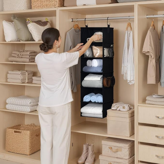 StorageWorks Hanging Closet Organizer, 6-Shelf Hanging Shelves with 2 Hooks, Foldable Space-Saving Design, Closet Organizers and Storage for Bedroom, Dorm, Locker, Black