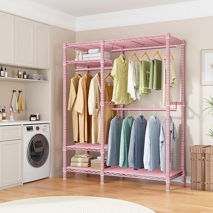 Raybee Portable Closet 780LBS, Heavy Duty Clothes Rack, Freestanding Clothing Rack with 3 Hanging Rods & 6 Shelves, Adjustable Wardrobe Closet Organizer System, Pink