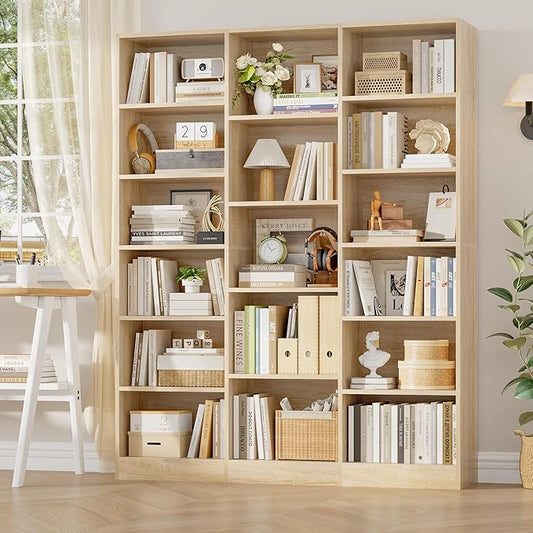 FACBOTALL Triple Wide Bookshelf, 6 Tier Large Bookshelf, Bookcase with 17 Open Display Shelves, 74'' Tall Bookcases and Bookshelves for Living Room, Home Office, Library, Light Oak