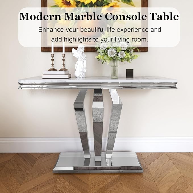 47 inch Silver Console Table, Modern Entryway Table with Diamond-Shaped Metal Base for Entrance, Hallway, Living Room (White Faux Marble & Silver)