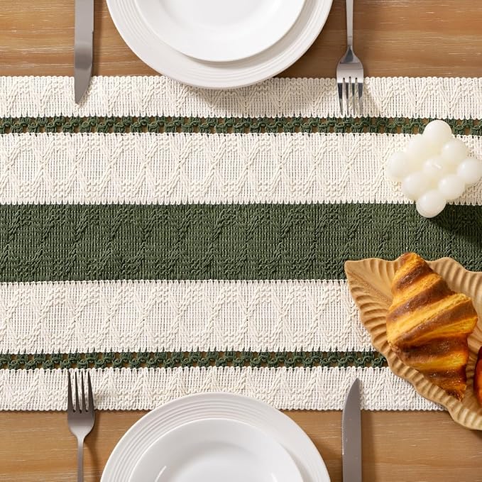 Socomi Boho Table Runner Valentine's Day Farmhouse Rustic Dining Kitchen Centerpiece Decor Small Macrame Woven Cotton Linen Coffee Table Runner for Dresser Scarf Home Decor 12x90 inch Olive Green
