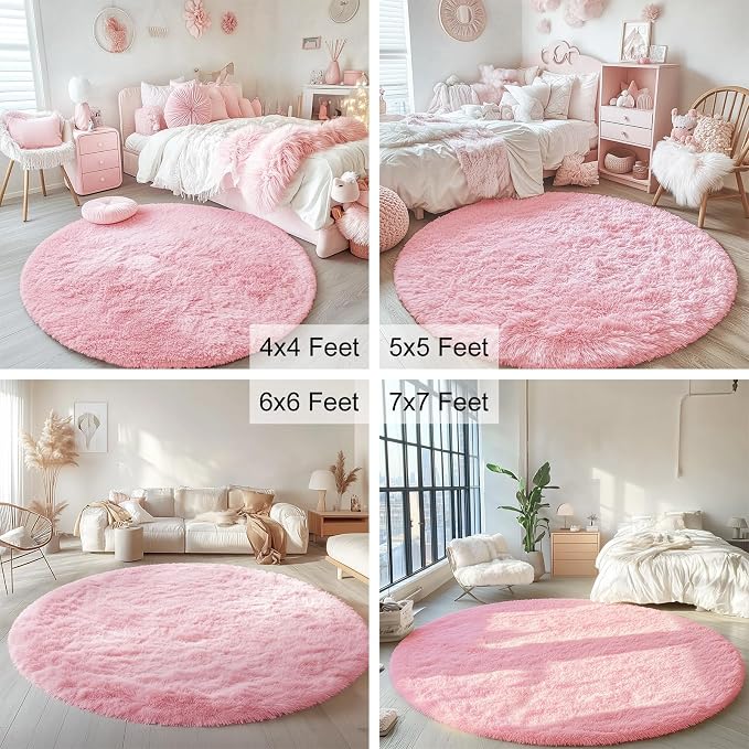 OLANLY Pink Round Rugs for Bedroom - Machine Washable, 4 ft Circle Area Rugs for Living Room, Soft and Fluffy Shaggy Carpet for Teen Girls and Boys, Nursery Rooms, Dorms, Home Decor Aesthetic