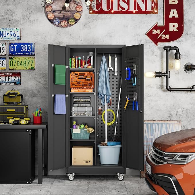 Garage Storage Cabinet with Wheels and 5 Pegboard, Broom Closet Storage Cabinet with Hanging Rod and 13 Hooks, Metal Cabinets with 4 Shelves for Garage, Home, 71"H x 31.5"W x 15.75"D, Black
