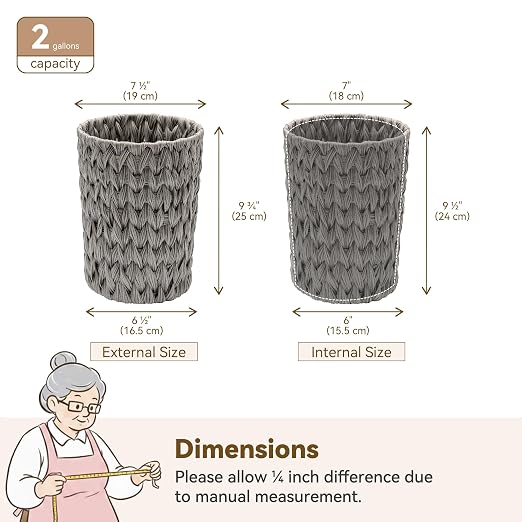 GRANNY SAYS Small Wicker Trash Can, 2 Gallon Bathroom Waste Basket, Small Bathroom Garbage Can, Plastic Trash Basket for Decor, Round Wastebaskets for Office, Bedroom, Cabinet, Grey