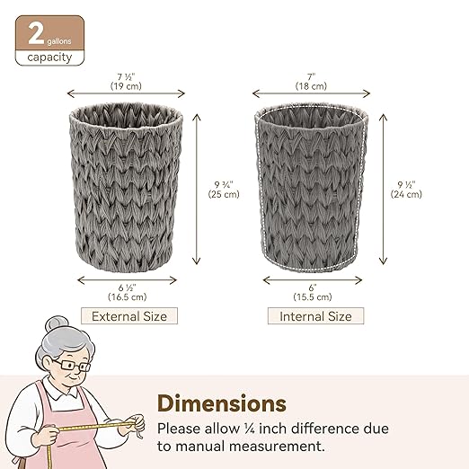 GRANNY SAYS Small Wicker Trash Can, 2 Gallon Bathroom Waste Basket, Small Bathroom Garbage Can, Plastic Trash Basket for Decor, Round Wastebaskets for Office, Bedroom, Cabinet, Grey