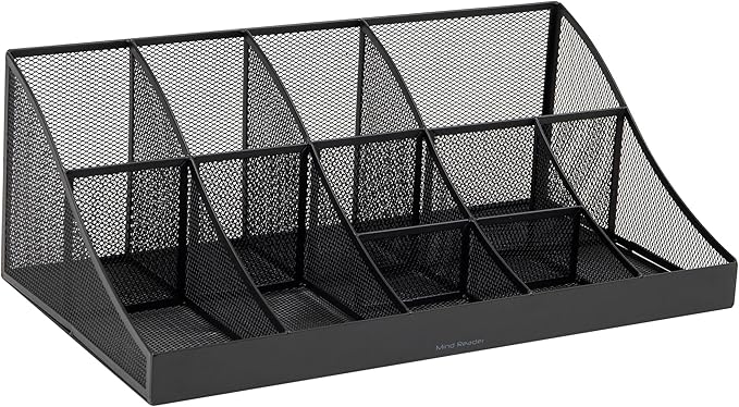 Mind Reader Countertop Organizer, 2 Tier Mesh Storage Caddy with 11 Compartments for Office Supplies, Breakroom Essentials, and Snacks