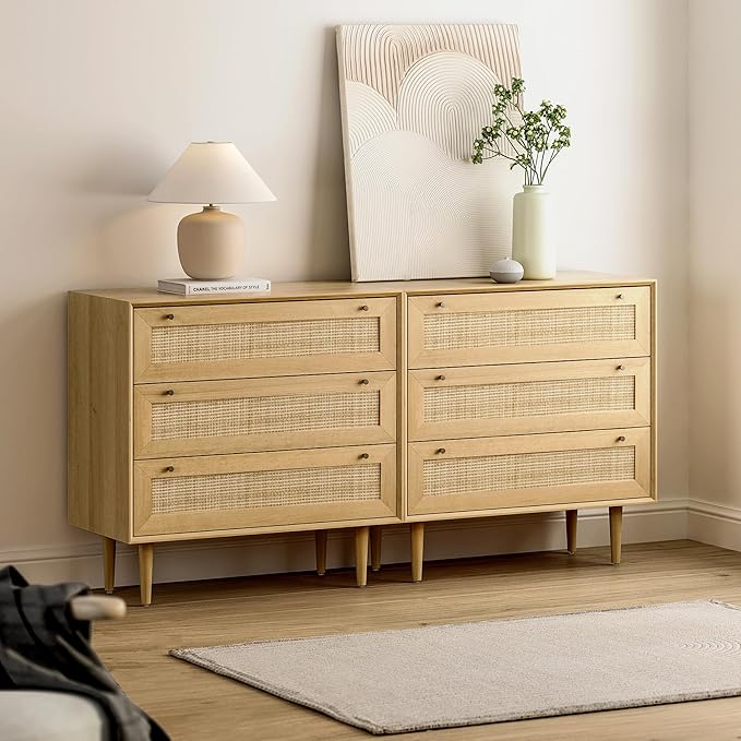 Rattan 3 Drawer Dresser for Bedroom Set of 2, Modern Dresser Wood Chest of Drawers with Metal Handles,Boho Storage Cabinets Bedside Table for Bedroom, Living Room, Entryway, Natural Oak