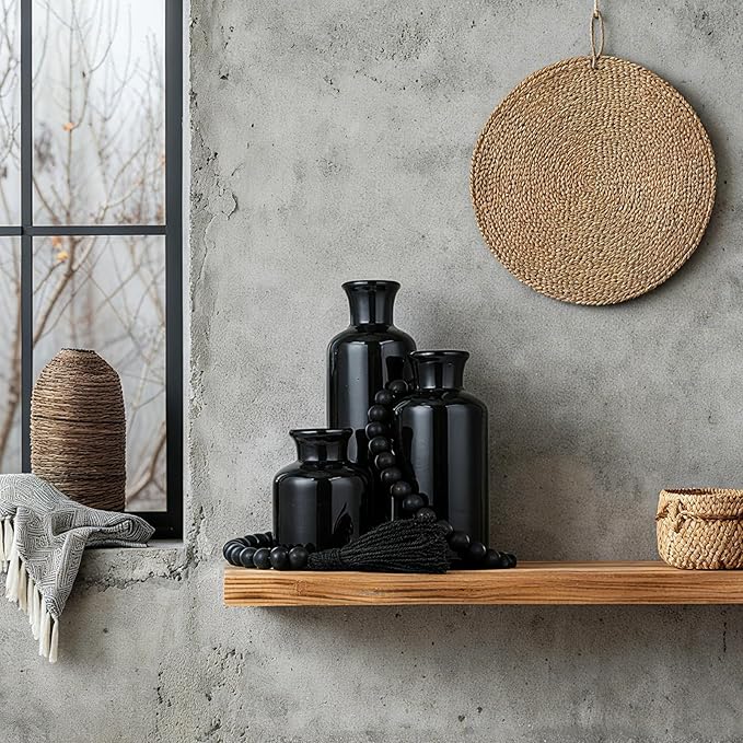 5 Pcs Rustic Tabletop Centerpieces Decor Set of 3 Boho Ceramic Vases with Wooden Serving Tray Wood Bead Garland Tassels Table Holder for Home Decorations (Black)