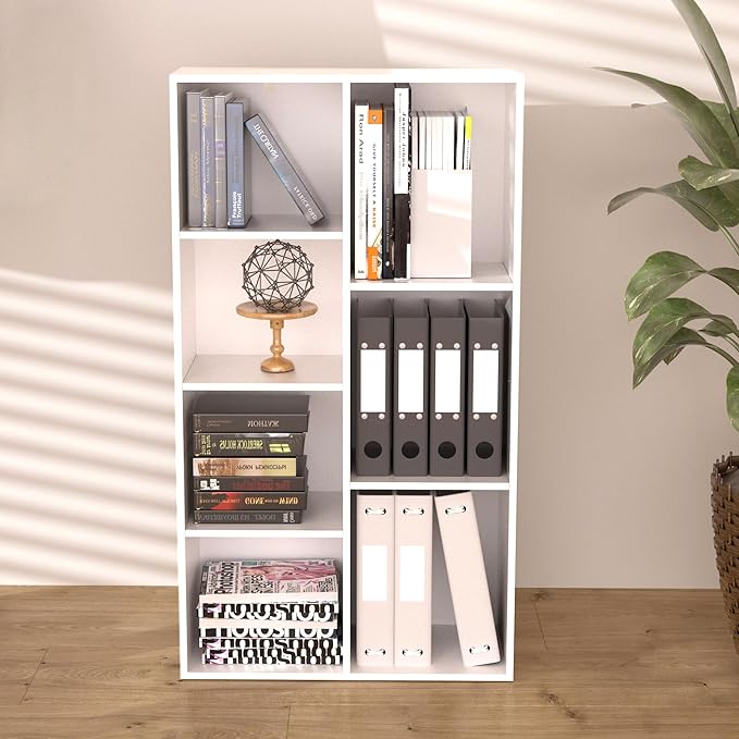 Cube Bookshelf, White Wooden Cube Storage Organizer, Freestanding Book Shelf, Cubby Shelf, Perfect Shelves for Bedroom, Kids Room, Closet, Classroom & Office (7-Cube)