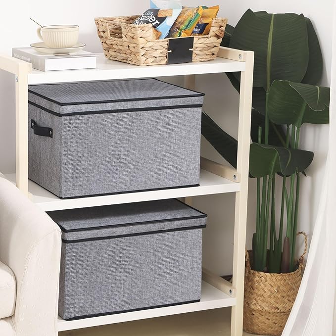 YheenLf Storage Bin with Lid, 15 x 9.8 x 8.3 Inch Storage Box for Organizing with Handles, Decorative Linen Closet Organizer, Gray, 1-Pack