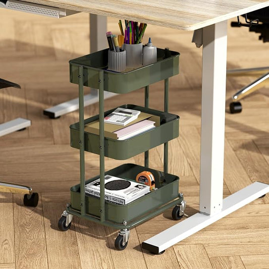 Simple Houseware 3-Tier Compact Utility Rolling Cart, Low 24” Height Fits Under Desk, Space-Saving Storage for Home Office, Dining Room, or Kitchen, Army Green