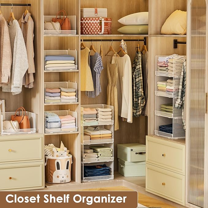 4-Tier Stackable Closet Organizers and Storage Shelves, Foldable Closet Shelf Organizer, Stackable Storage Bins Drawers for Closet Organizer System, White(Patent Pending)