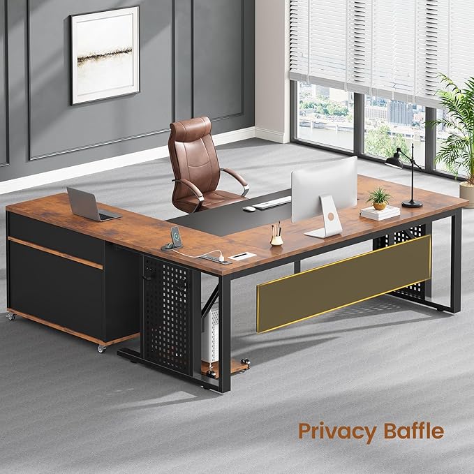 SEDETA 71" Executive Desk with Rolling File Cabinet, Large Office Desk with Drawers, L Shaped Computer Desk with Power Outlets, CPU Stand, Pegboard and Storage Shelves, Rustic Brown