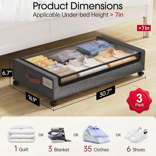 Yecaye 3 Pack Under Bed Storage with Wheels, Under Bed Storage Containers, Underbed Shoe Storage Organizer, Rolling Under Bed Metal Drawers for Clothes, Blankets(30.7 x 16.9 x 6.7 in)