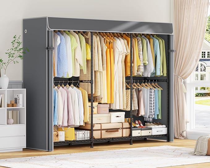E14C Heavy Duty Closet Organizer System,Freestanding Clothing Racks for Hanging Clothes,Adjustable Garment Rack 70.1" W × 16.6" D × 76.4" H Hold 960 lbs,Black Rack with Grey Dustproof Cover