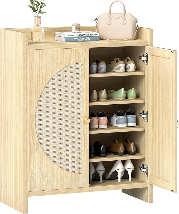 Shoe Cabinet Storage for Entryway - Rattan Entry Way Shoe Storage Cabinet with Adjustable Shelves, Wood Shoe Organizer Cabinet, Accent Cabinet with Doors for Entrance Hallway Living Room Foyer