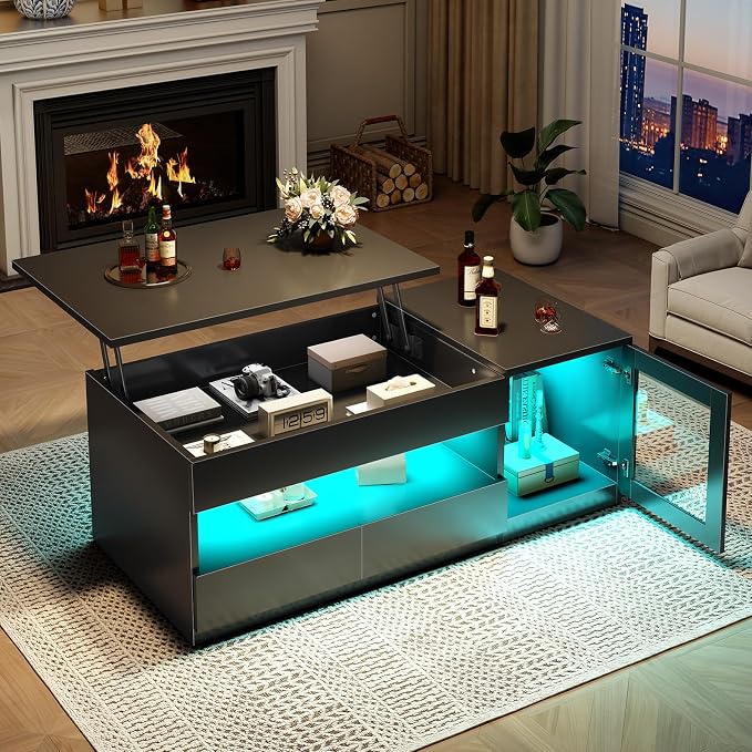 Itaar 39.4" Lift Top Coffee Table with 2 Drawers, Modern LED Coffee Tables for Living Room, Coffee Table with Glass Storage Cabinet, Black