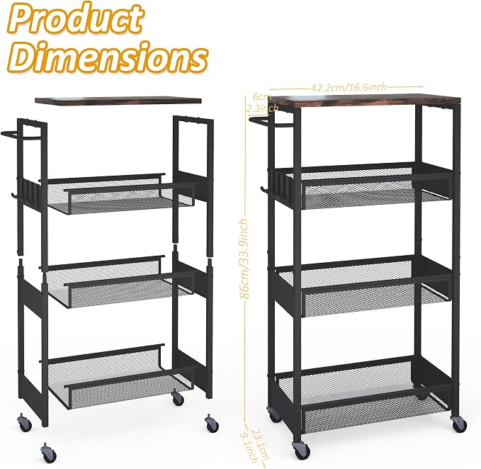 Vincona 9.1" Wide Slim Rolling Utility Cart, 4 Tier Metal Narrow Storage Cart with Handle and Wood Top, Multifunctional Small Mobile Shelf Unit Organizer Trolley for Laundry, Bathroom, Kitchen