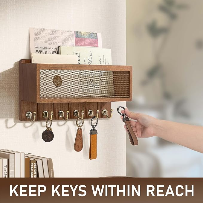 Rebee Vision Key Holder Wall Mount with Mesh Mail Basket – Mail Organizer for Wall Decor with 6 Key Hooks for Entryway, Kitchen – Functional Home Decor & Space-Saving Wooden Organizer (Golden Hook)