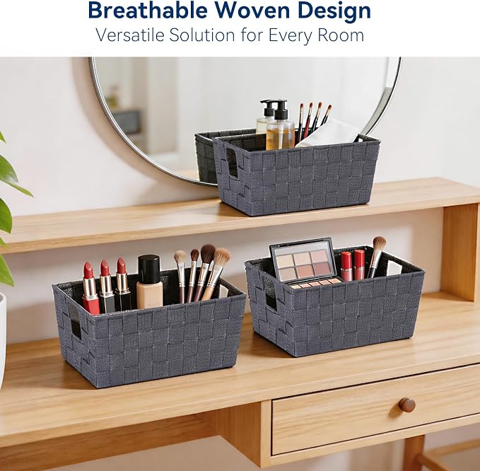 Whitmor Small Woven Storage Baskets for Shelves - Decorative Bathroom Organizer Bins with Metal Structure, Versatile Shelf Storage Solution for Home Organization & Closet (Savvy Gray)
