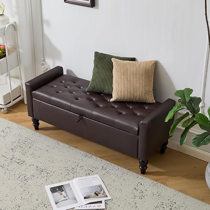 47" Storage Ottoman Bench, Faux Leather Upholstered Ottoman with Storage, End of Bed Bench for Bedroom, Living Room, Entryway, Window (Brown)