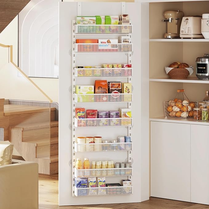 Over the Door Pantry Organizer, 8-Tier Over the Door Spice Rack with Adjustable Baskets, Wall-Mounted or Hanging Shelves for Kitchen, Laundry Room, Bathroom(White, 19.3"W x 5.2"D x 72.6"H)