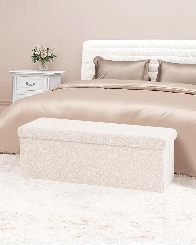 B FSOBEIIALEO Small Storage Ottoman Cube Sherpa Ottomans Foot Rest, Foldable Boucle Ottoman Bench, Faux Teddy Fur, Cream White 43.3"x15"x15"