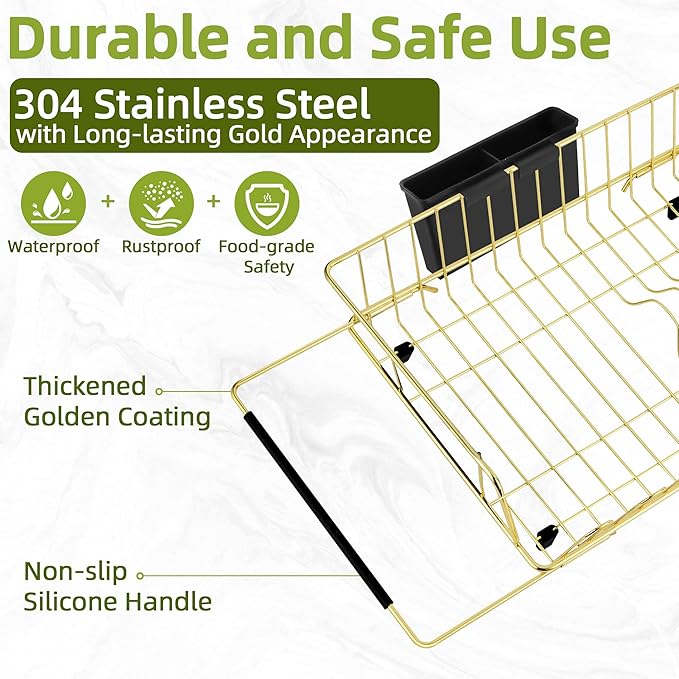 Golden Expandable Dish Drying Rack-Extra Large Stainless Steel Dish Drainer Over The Sink for Kitchen Countertop with Utensil Holder, Applicable for Sink Width 16'-22' (Gold,23.2'*12.2')