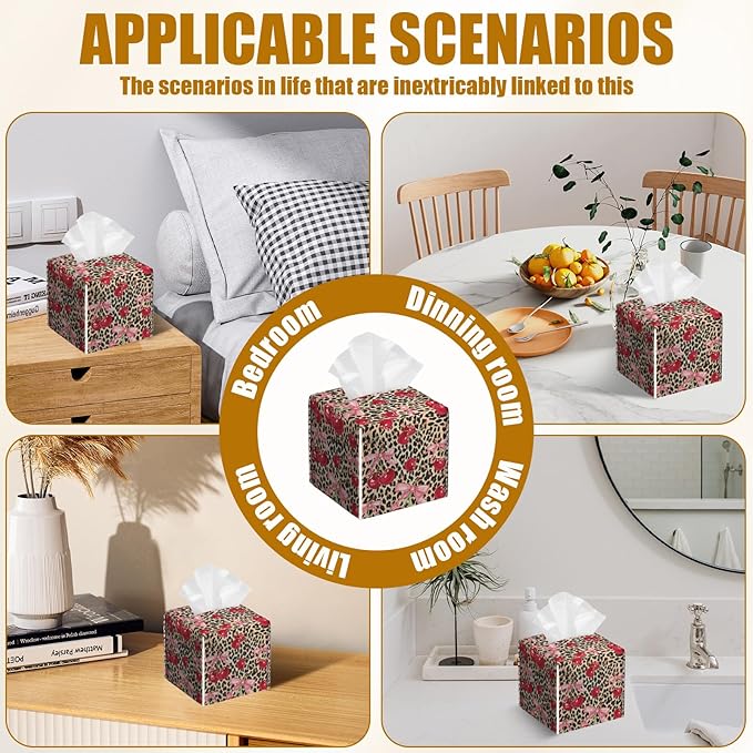 Pink Cherry Bow Tissue Box Cover 2PCS, Leopard Leather Tissue Box Holder Square Facial Paper Case Tissue Box Cube Organizer for Bathroom Bedroom Desk Office