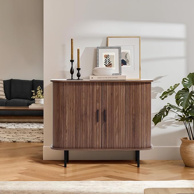 LuxenHome Sideboard Buffet Cabinet with Storage, 35" Walnut Mid Century Modern Accent Cabinet, Sliding Door Entryway Small Storage Cabinets for Kitchen, Living Room, Entryway