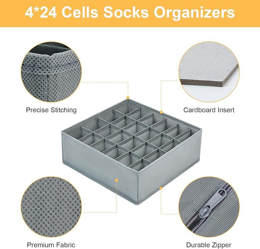 Joyoldelf Sock Drawer Organizer Divider Underwear Organizer 24-cell Fabric Dresser Drawer Organizers Storage Boxes for Socks Lingerie, Handkerchiefs, Ties 4 Pack (Grey)